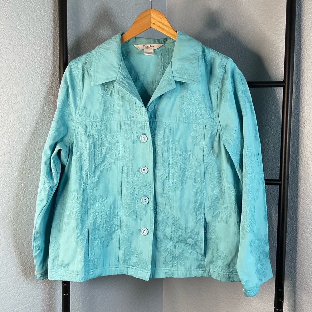 TanJay Petites Aqua Floral Jacquard Button Front Jacket Women’s Size 14P teal